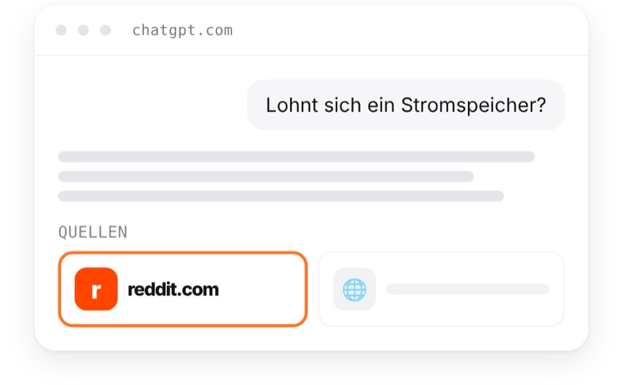 ChatGPT beantwortet die Frage nach einem Stromspeicher und nennt reddit.com als Quelle