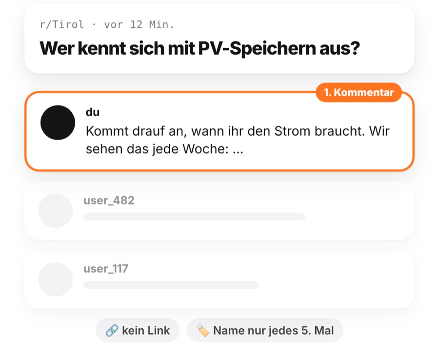 Reddit-Frage zu PV-Speichern mit deiner Antwort als erstem Kommentar, ohne Link