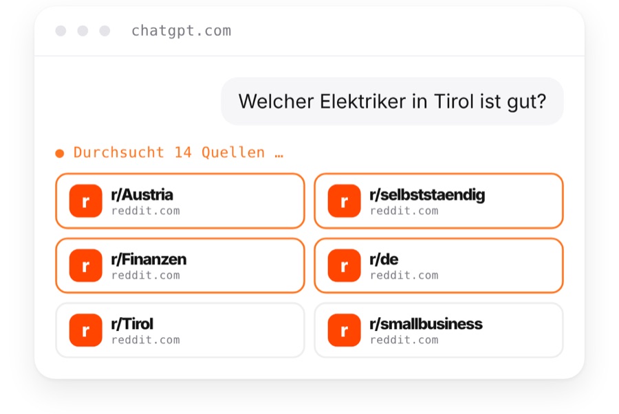 ChatGPT durchsucht für die Frage nach einem guten Elektriker in Tirol mehrere Reddit-Gruppen